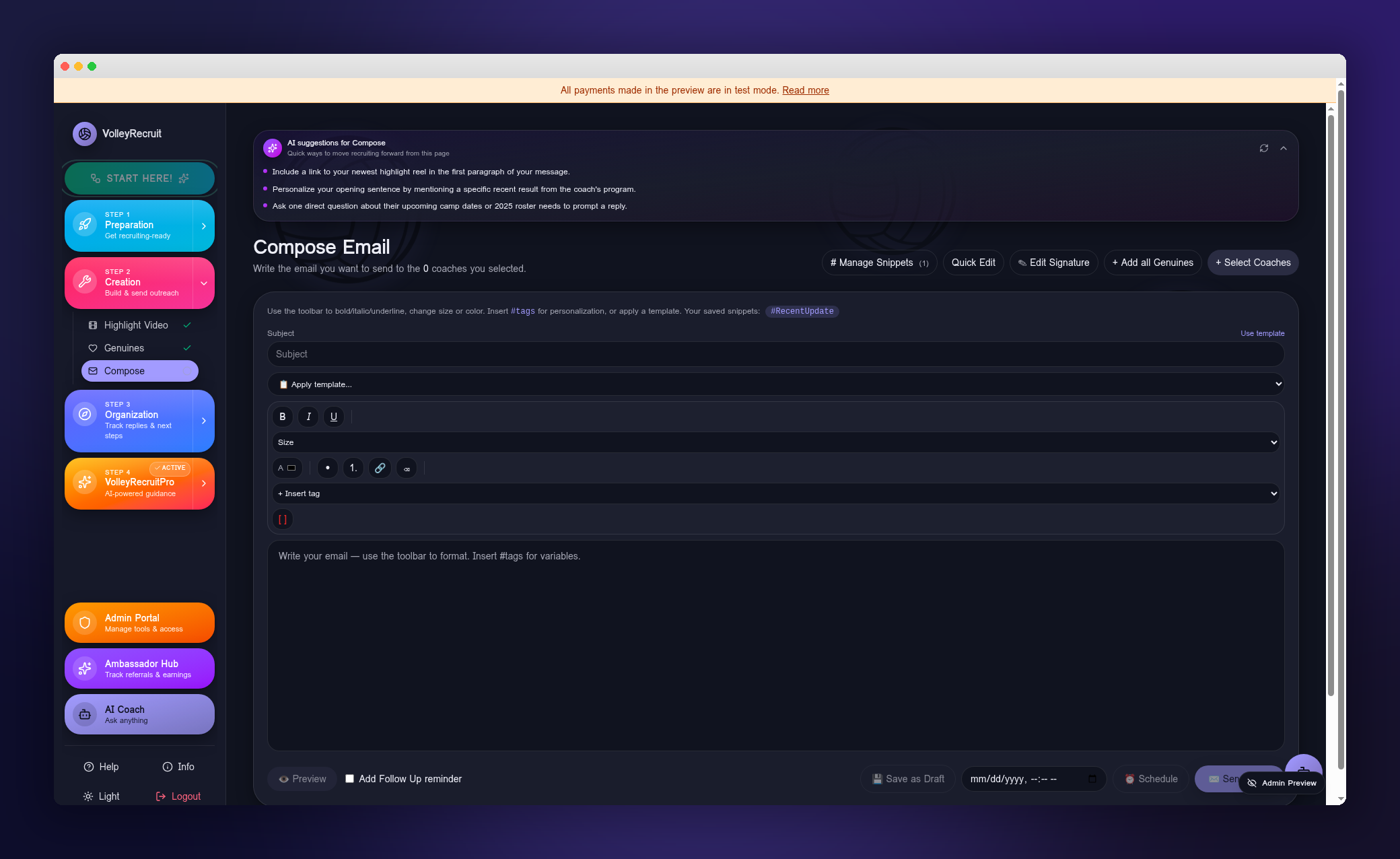 Compose coach email with reusable templates and snippets